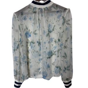 French Connection Blue Floral Chiffon Blouse Striped Collar Women’s Large